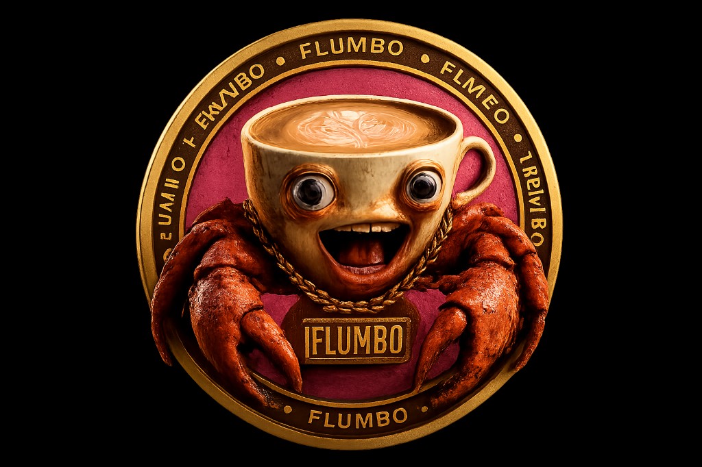 FLUMBO coin mascot — crab coffee cup character