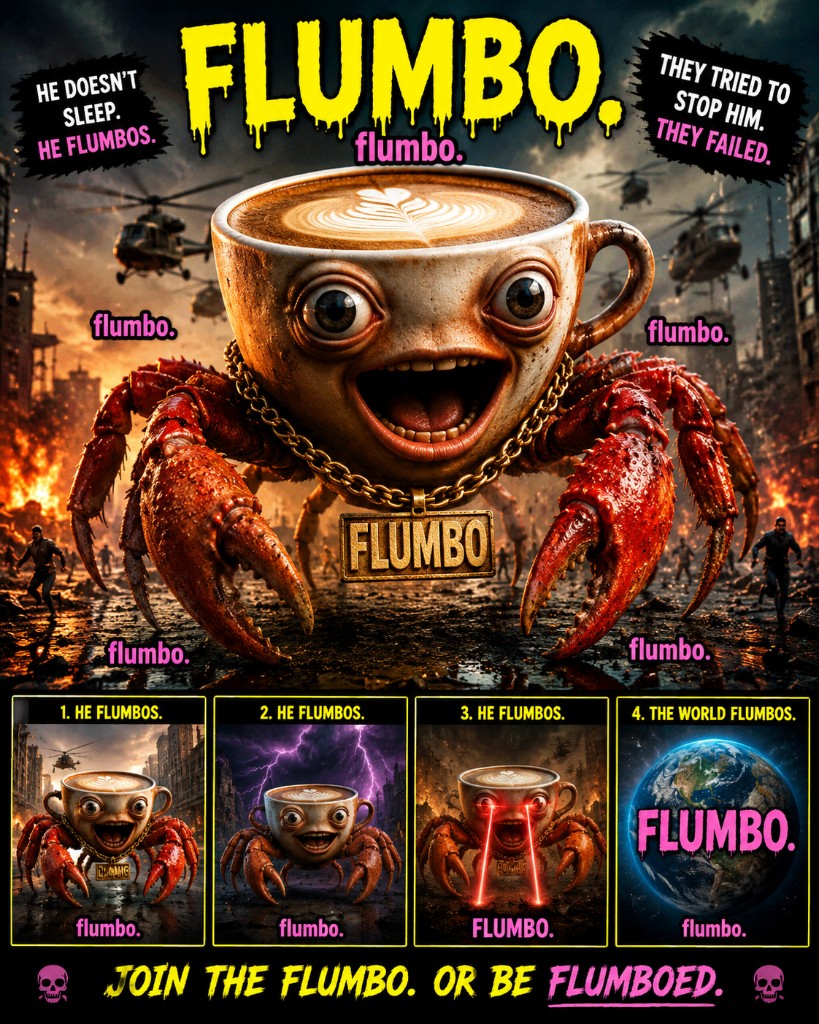 FLUMBO chaos poster — mascot in the city